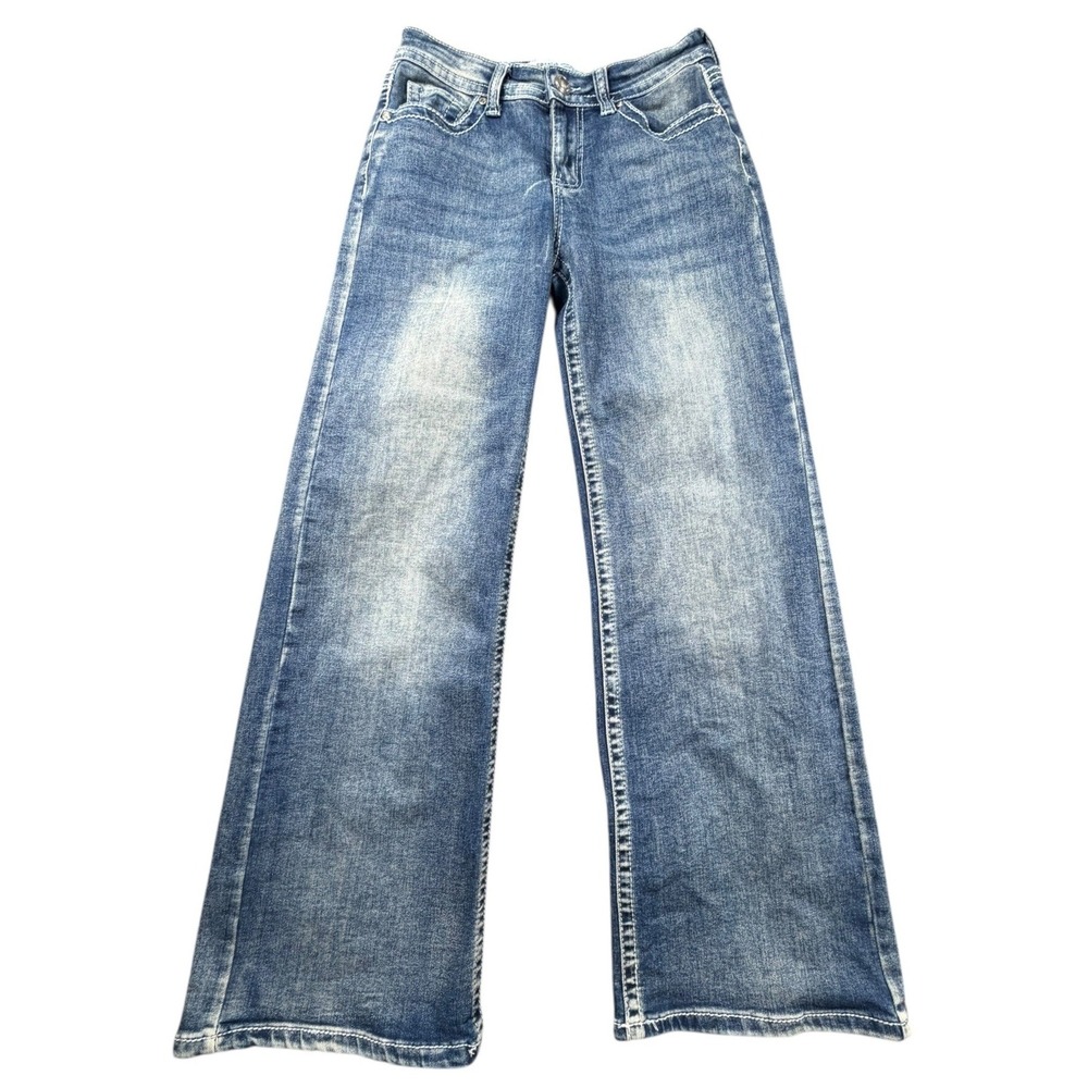 Telepatia Y2K Skull Rose Embroidered Wide Leg Jeans Medium Wash Womens‎ 28
